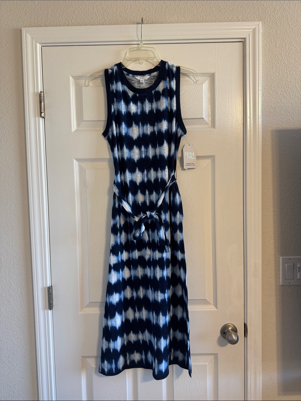 Time and Tru Navy and White Tie-Dye Midi Dress with Self Tie